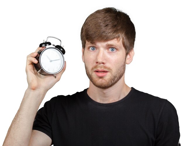 Shocked man with alarm clock