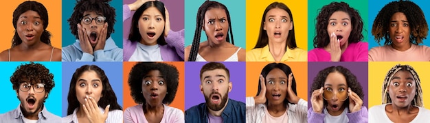 shocked multiracial millennial people collection of photos