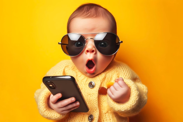 Shocked newborn baby in sunglasses holding smartphone on solid bright yellow background