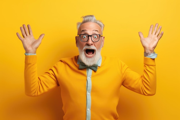 The shocked old man in a yellow shirt and bow tie