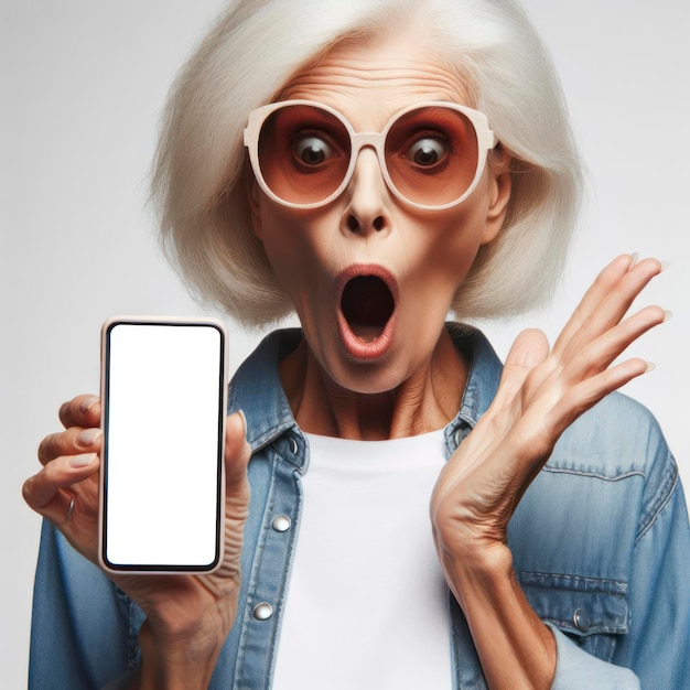 Шокированная старуха в солнцезащитных очках с смартфоном с белым макетом экрана на твердом белом фоне