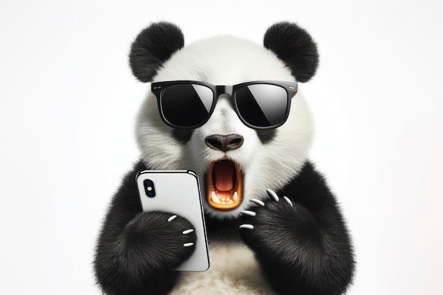 Shocked panda in sunglasses holding smartphone on white background