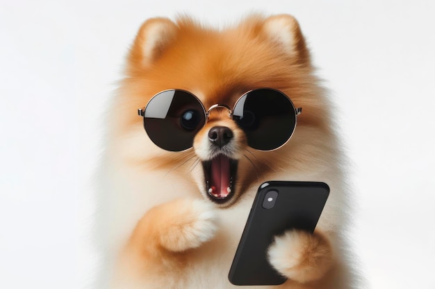 Шокированная собака-померанец в солнцезащитных очках с смартфоном на белом фоне