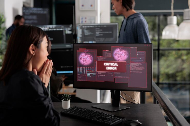 Photo 在電腦上遇到黑客警報, 處理意想不到的系統錯誤和訊息閃在顯示器上.