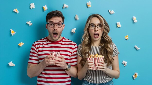 Photo shocked punk couple scatter popcorn and looking