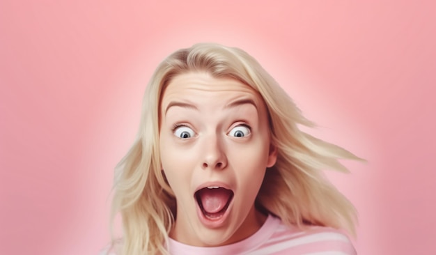 Шокированная реакция Крупным планом фото привлекательной симпатичной блондинки с открытым ртом и удивлением