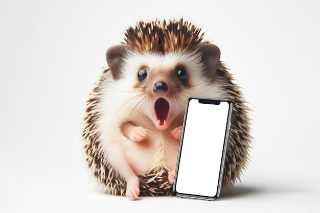 Shocked real hedgehog holding smartphone with white mockup screen on white background