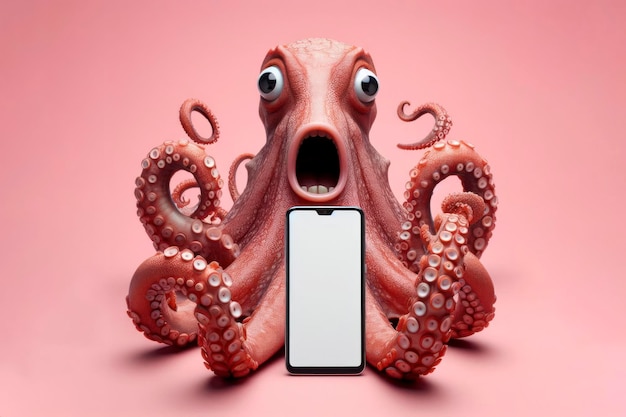 Shocked real octopus holding smartphone with white mockup screen ai generative