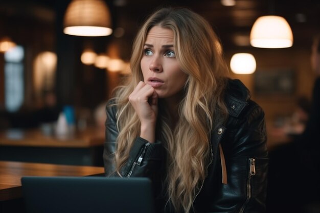 Shocked scared young adult caucasian businesswoman lady female woman freelancer working pc laptop