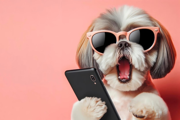 Shocked Shih Tzu dog in sunglasses holding smartphone on color background