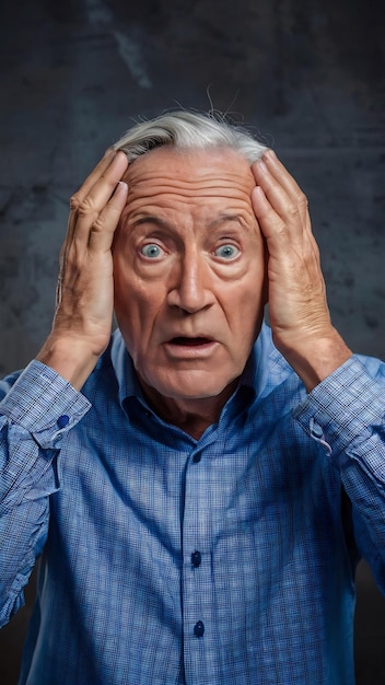 Shocked and startled senior man touching head and looking anxious