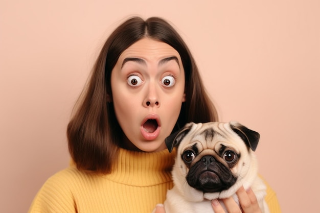 Photo shocked surprised brunette woman raises eyebrows has stunned expression poses with pug dog spends free time with favorite pet wears casual jumper isolated over beige background animals concept