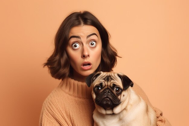 Shocked surprised brunette woman raises eyebrows has stunned expression poses with pug dog spends free time with favorite pet wears casual jumper isolated over beige background animals concept