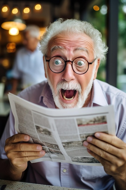 Foto uomo anziano scioccato e sorpreso che legge il giornale la mattina al bar