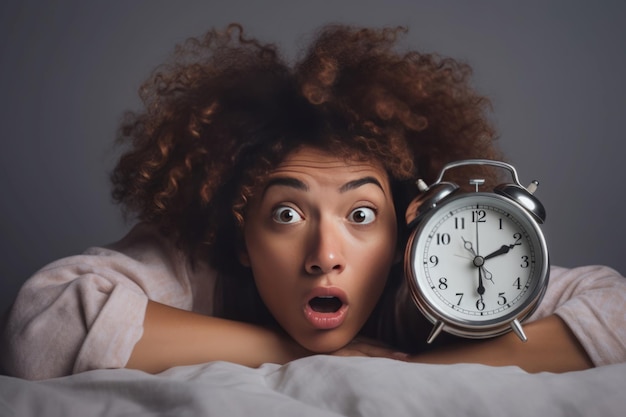 Shocked woman in bed with alarm clock Indignant lady with ringing round alarm watch Generate ai