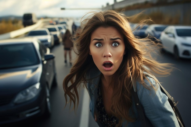 Фото Женщина в шоке во время дорожно-транспортной аварии женщина кричит на дороге на фоне многих автомобилей