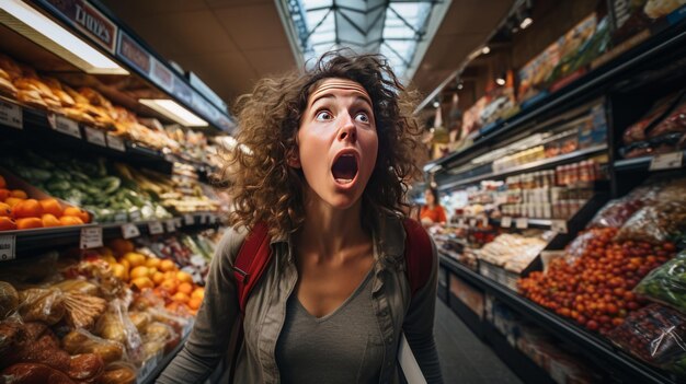 Шокированная женщина с недоверием смотрит на цены на продукты во время покупки в супермаркете