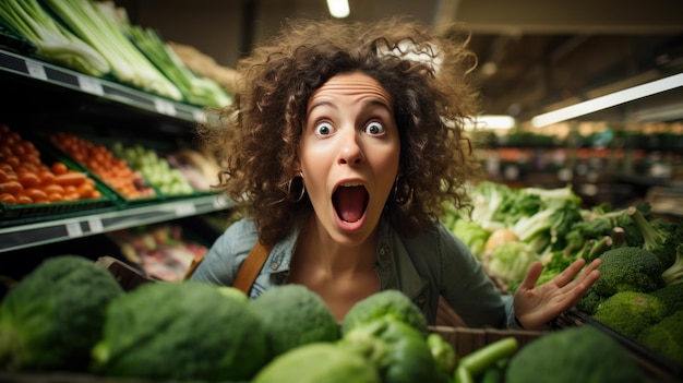 Foto una donna scioccata guarda incredula i prezzi dei generi alimentari mentre fa la spesa al supermercato