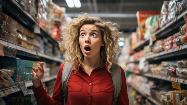 Photo shocked woman looks at grocery prices in disbelief while shopping in supermarket