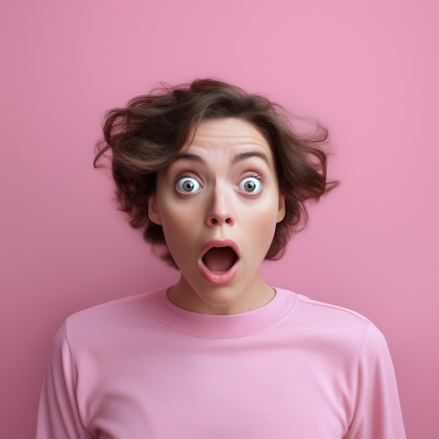 Photo shocked woman photo on pink background