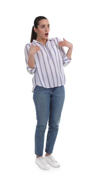 Photo shocked woman pointing at herself on white background