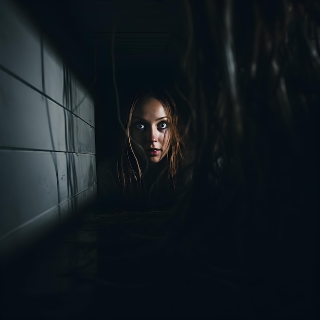 Фото Шокированная женщина напугана взрослая девушка в ночное время ужас и страх тема