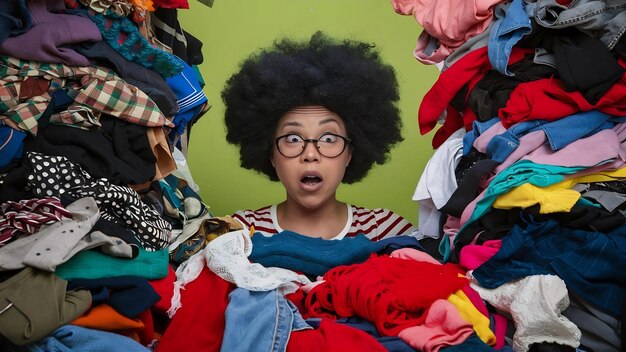 Shocked woman with curly afro hair stares bugged eyes drowned in huge pile of colorful clothing cle