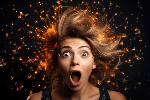 Photo shocked woman with explosion on their head isolated on black background