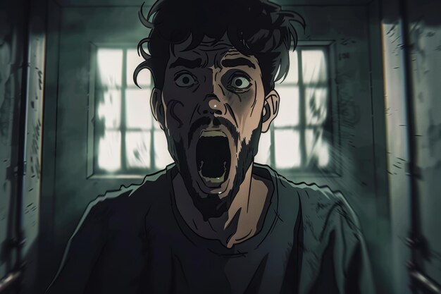 Shocked young man in a dark eerie room with a grim expression