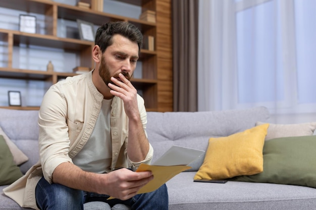 Shocked young man sitting on the sofa at home holding a letter in his hands got bad news divorce