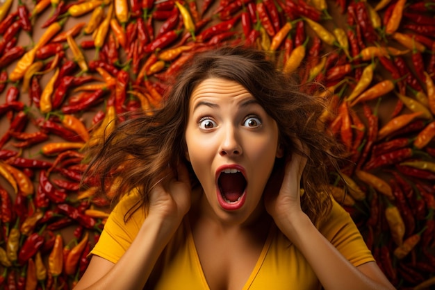 Шокированная молодая женщина с чили и острым острым перцем на цветном фоне