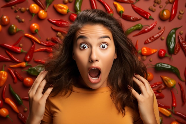 Shocked young woman with chili and hot spicy pepper on colour background