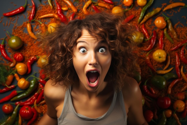 Shocked young woman with chili and hot spicy pepper on colour background