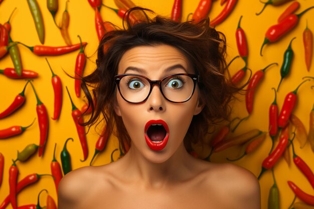 Shocked young woman with chili and hot spicy pepper on yellow colour background