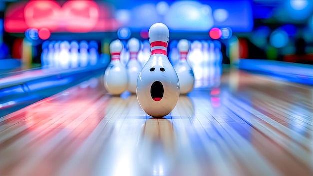 Photo shockedfaced bowling pin in the center of a bowling alley lane with a set of pins in the background