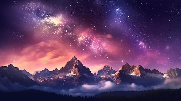 Шокирующие горы с Aurora Borealis Fuchsia Sky Foundation с копирайтом, созданным искусственным интеллектом