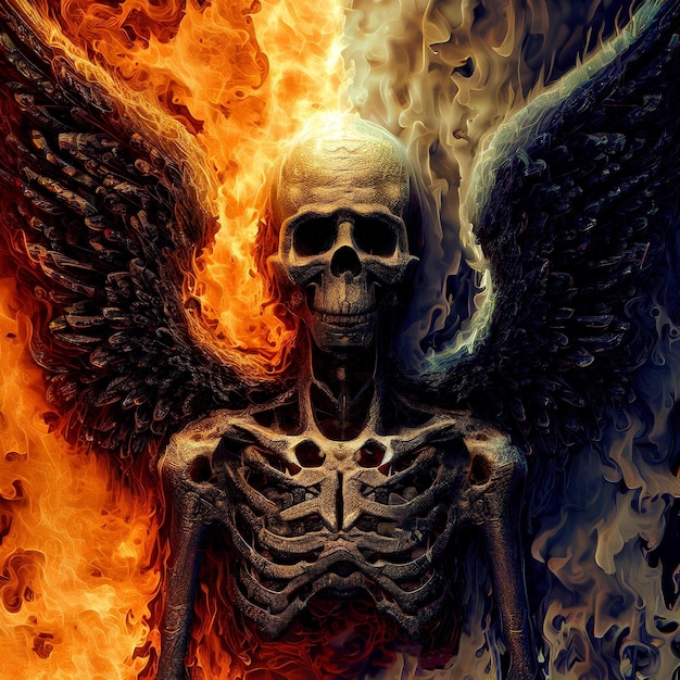 Шокирующий скелет с ангельскими крыльями и огненной аурой