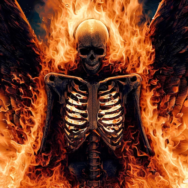Photo shocking skeleton with angel wings and fire aura