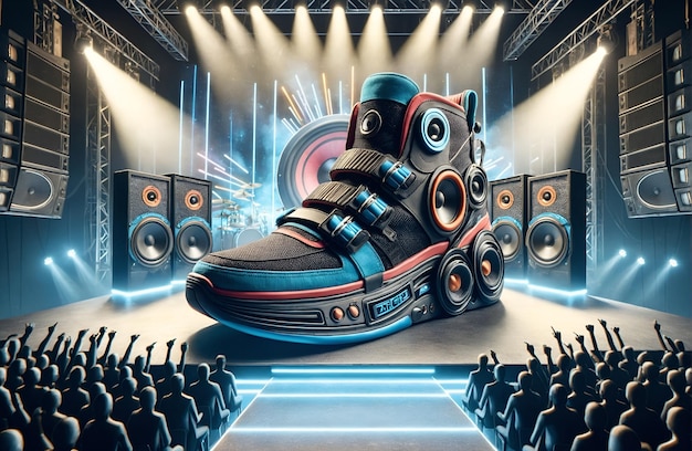 a shoe designed with a theme centered around speakers