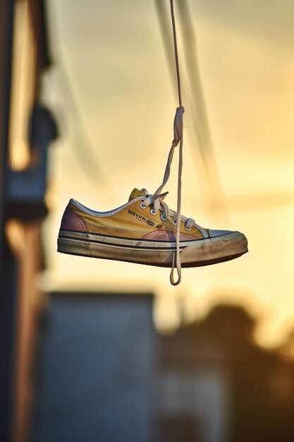 A shoe hanging from a wire with the word " on it "