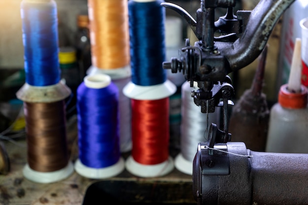 Shoe maker work place with sewing leather