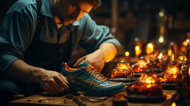 Photo shoe making master working at workshop