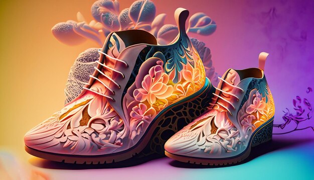 Shoe realistic texture vibrant studio colorful realistic floral lighting intricate detail soft smoo