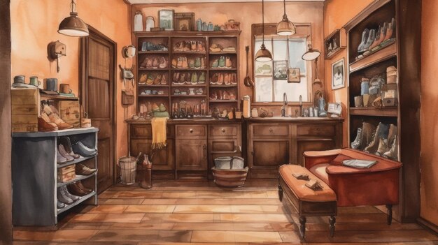 Shoe repair shop with warm and inviting earthy tones Generative AI