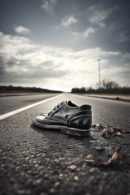 A shoe on the road has fallen off the ground.