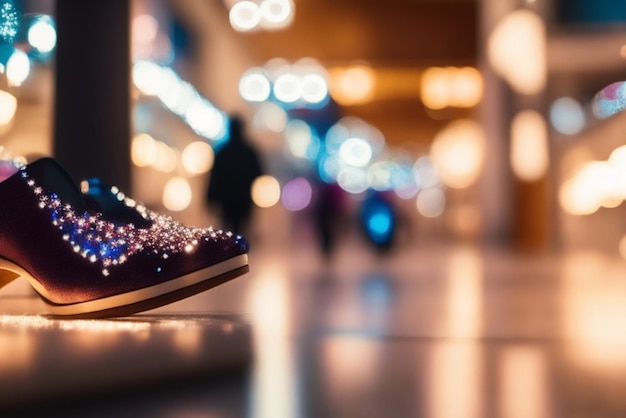 Shoe Showcases Bokeh Background Of Shopping Center With Lights Blurry Image