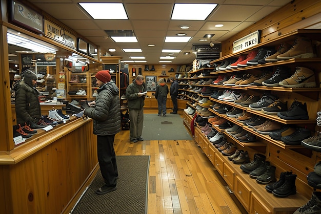 다양한 스타일의 신발과 스니커로 장식된 신발 가게 전시 선반은 고객들이 탐색하고