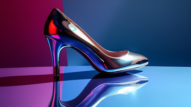 A shoe that is on a blue and purple background