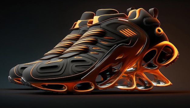 A shoe that is orange and black with the word nike on it