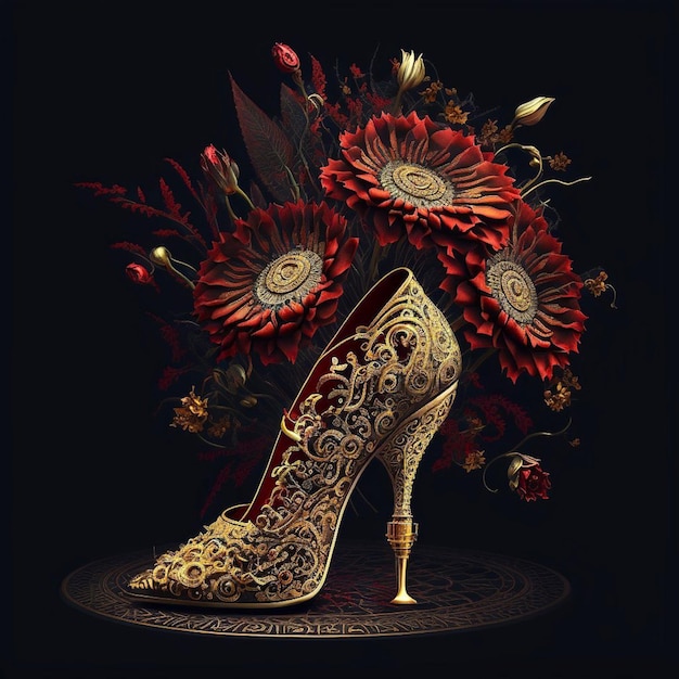 A shoe with a gold design and a bouquet of flowers on it.